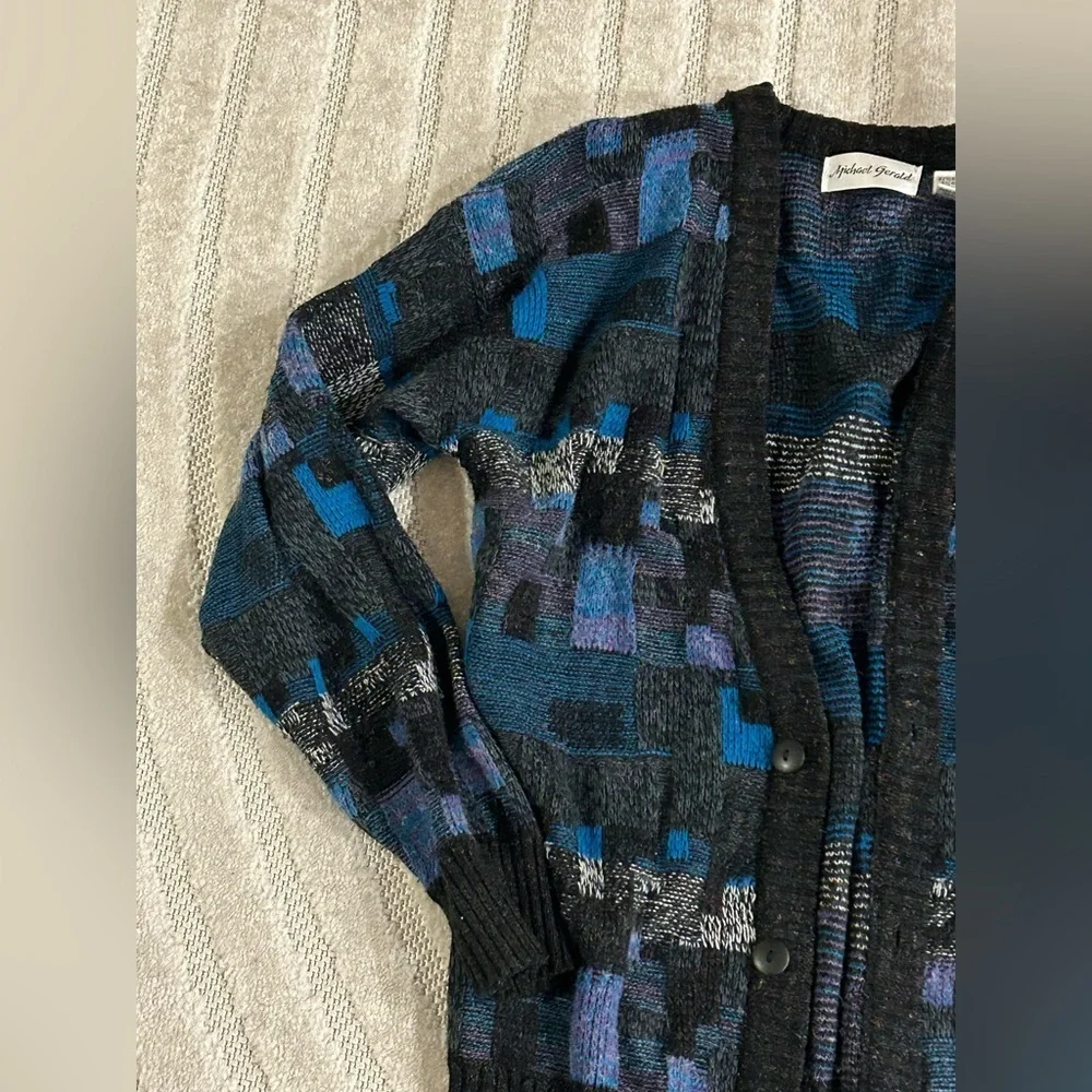 Vintage Block Pattern Grandpa Sweater Buttoned Cardigan - L